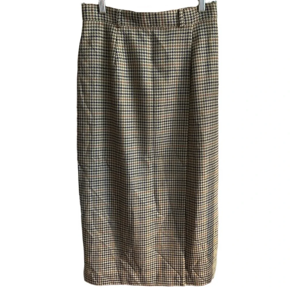 Talbots Vintage 100% Wool Houndstooth Pencil Skirt Brown Blue Plaid 10 Winter
